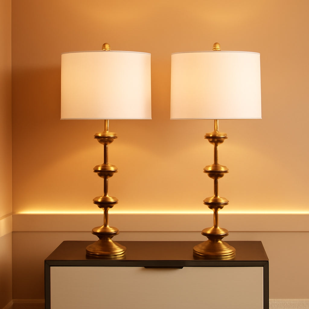 Antique Gold Leaf 32-Inch Table Lamps with White Drum Shade, Set of 2-0