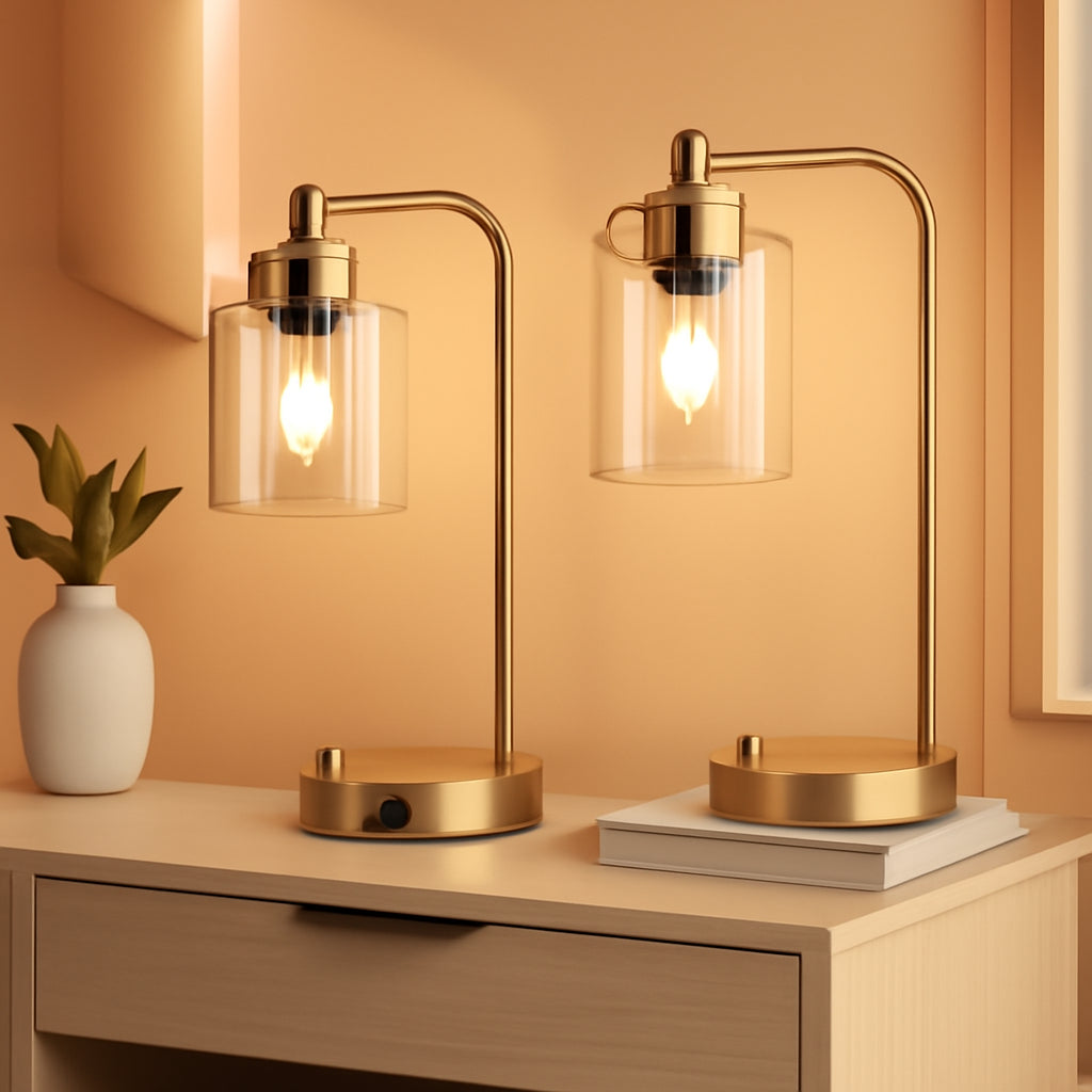 Set Of 2 Gold Table Lamps With 2 USB Ports Dimmable-0
