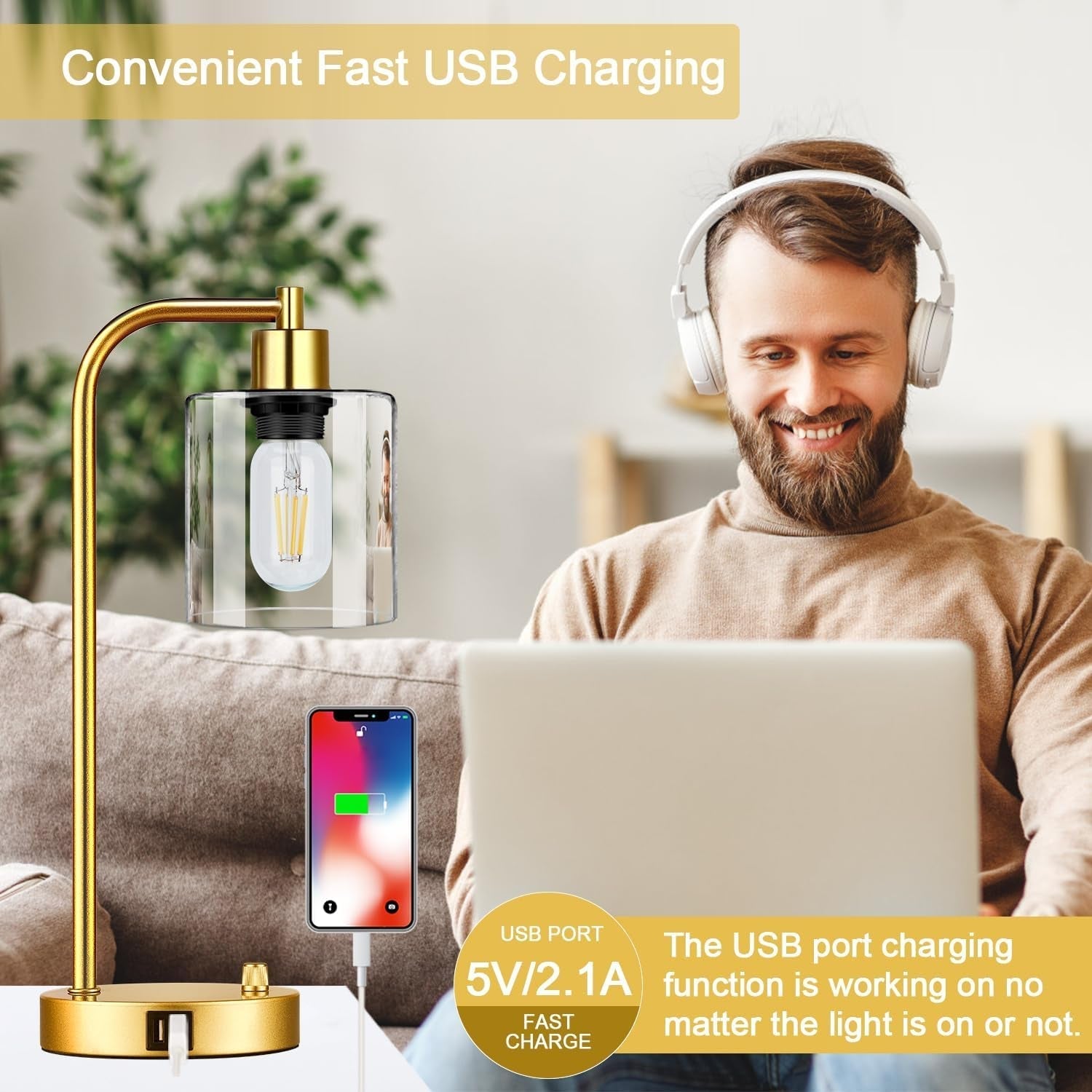 Set Of 2 Gold Table Lamps With 2 USB Ports Dimmable-3