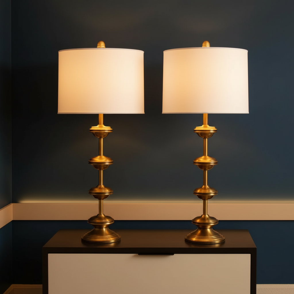 Antique Gold Leaf 32-Inch Table Lamps with White Drum Shade, Set of 2